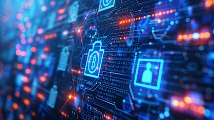 Fototapeta premium Blockchain identity management technology, blue orange glowing digital cyberspace with padlock and binary code, phishing malware ransomware virus encryption