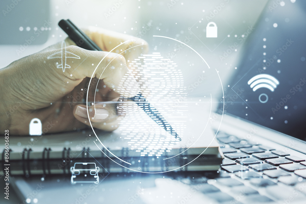Leinwandbilder multi exposure of abstract fingerprint scan interface with hand writing in notepad on background wit