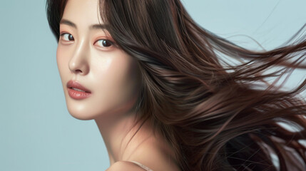 Fototapeta premium Beauty portrait of a Korean girl showing off her beautiful, long and shiny hair