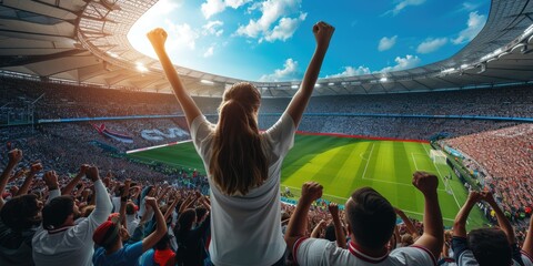 A crowd of fans gathered in the stadium, enjoying the soccer game with excitement and gestures of...