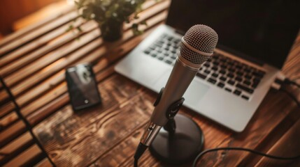 Professional Podcast Microphone and Laptop Setup