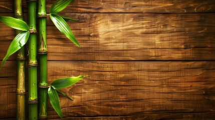Wooden board texture with fresh green bamboo stems and leaves arranged on one side.