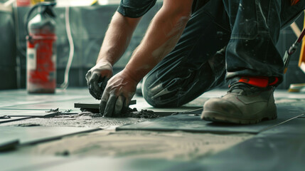 Close-up image of a worker installing floor tiles at a construction site.