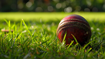 cricketball liegt im gras auf dem boden - obrazy, fototapety, plakaty