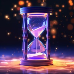 Futuristic hourglass, with sand or liquid trickling through its bulb, bathed in Dark and purple neon light, evoking themes of time passing or the inevitability of time.
