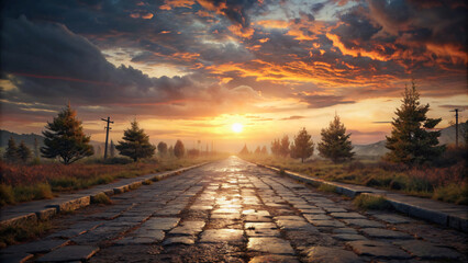 A fiery orange sun dips below the horizon casting a warm glow on the road in this beautiful evening landscape