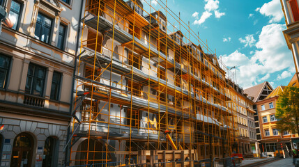 A historic building covered in extensive scaffolding under a clear sky in an urban setting.