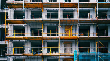 Detailed view of an apartment building under construction with scaffolding and open wall frames.