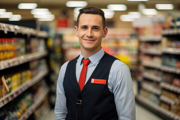 Fototapeta premium Friendly experienced supermarket store department worker professional at workplace Generative AI illustration