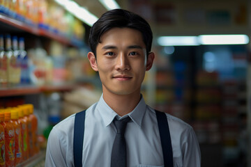 Fototapeta premium Friendly experienced supermarket store department worker professional at workplace Generative AI illustration