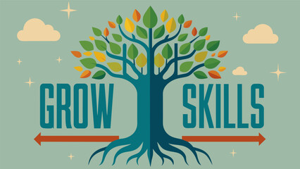 A graphic of a tree with roots representing trade school and branches symbolizing career paths with the text Grow your skills grow your career.. Vector illustration