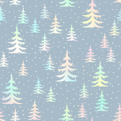 Holographic winter forest Scandinavian seamless pattern. Vector foil New Year print, Christmas tree background, frozen spruce gray texture with fir tree for paper, fabric, season decor, gift wrap.