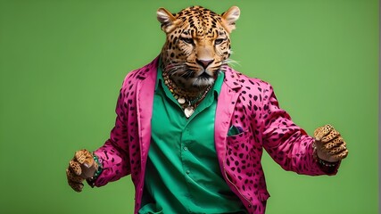 leopard dancing against a green background while sporting vibrant clothing and sunglasses