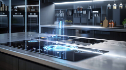 Fototapeta premium Futuristic Culinary Haven: High-Tech Smart Kitchen with Interactive Cooktops