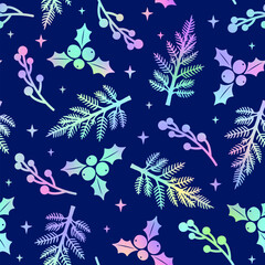 Trendy Christmas seamless pattern. New Year print with holographic Christmas tree branches, mistletoe and berries on blue background. Shiny gradient winter texture for decor, fabric design, wrapping.
