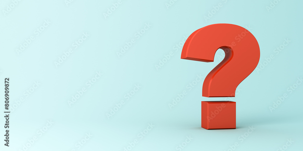 Poster big red question mark isolated on light blue pastel color background with shadow and blank copy spac