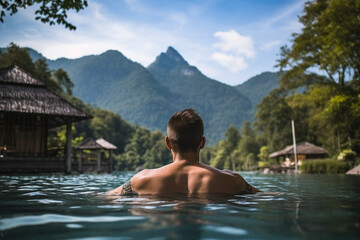 AI generated image of young man enjoying relax at resort with a private pool