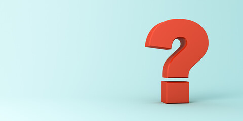 Big red question mark isolated on light blue pastel color background with shadow and blank copy space minimal concepts 3D rendering