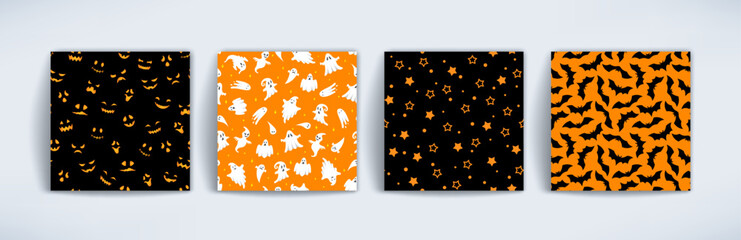 Cute Halloween seamless patterns set. Vector black and orange prints with flying ghost, scary faces, bats and stars. Spooky cartoon texture for wrapping, fabric, greeting design, holiday decoration.