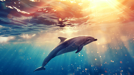 Fototapeta premium A dolphin gracefully swimming underwater illuminated by sunlight streaming through the water's surface.