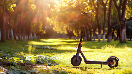 Electric scooter standing on a park path surrounded by lush green trees and sun rays.