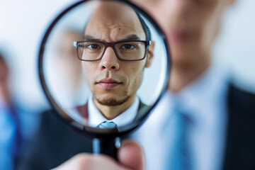 Fototapeta premium Close-Up of a Professional Man's Face Seen Through a Magnifying Glass