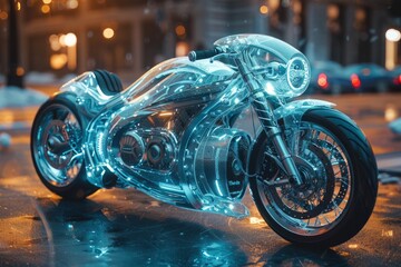 Futuristic motorcycle parked on wet street, glistening alloy wheel and headlamp