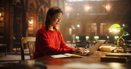 Focused Asian Female Student Studying in a Classic Library. Young Woman Using Laptop for Online...