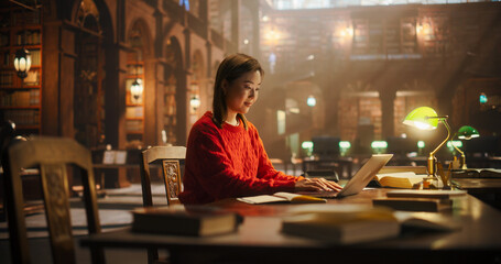 Dedicated Asian Female Student Engaged in Online Learning at a Classic Library, Using Laptop to...