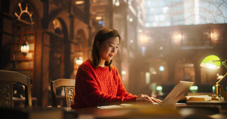 Focused Japanese Female Student Studying in a Classic Library, Using Laptop for Online Education, Surrounded by Books in a Historical Setting, Preparing for University Exams.
