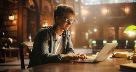 Focused Young Man Studying in a Classical Library, Using Laptop for Online Education. Caucasian Male Engrossed in E-Learning, Surrounded by Books and Vintage Decor Under Warm Lighting