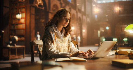 Beautiful Young Woman Engaged in Academic Research at a Vintage Library Desk, Illuminated by Soft...