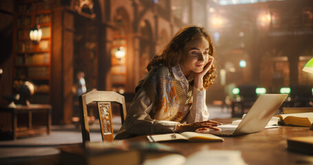 Radiant Young Woman Engaged in Online Education, Using Laptop in Classical Library. Curly-Haired Student Researches for College Project Amidst Antique Books, Illuminated by Warm, Ambient Light