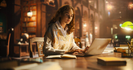 Young Caucasian Female Student Engaged in Online Learning with a Laptop in a Cozy Library Setting,...