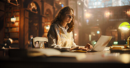 Focused Young Woman Writing in a Majestic Library, Surrounded by Bookshelves with Smart...