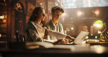 Engaged Young Caucasian Couple Studying Together in a Vintage Library Setting, Using a Laptop and...