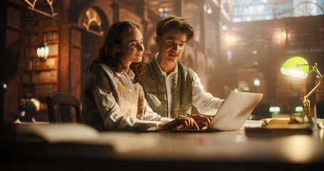 Engaged Young Couple Collaborating on a School Project in a Classical Library. Man and Woman Using Laptop, Surrounded by Books and Vintage Decor, Illuminated by Warm Desk Lamp Light