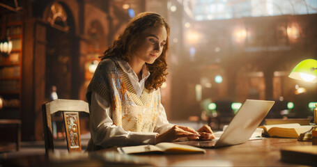 Serene Young Woman Engaged in E-Learning at a Vintage Library Desk. Female Student Using Laptop and...