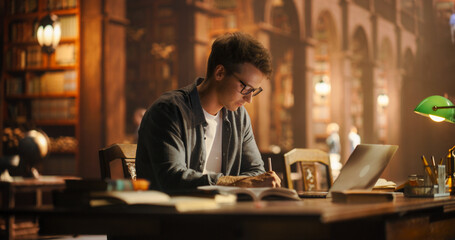 Concentrated Young Caucasian Male Student Engaged in Academic Research in a Classic Library, Using...