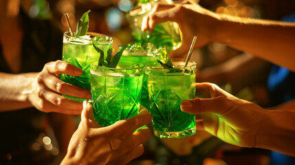 Close-up of hands clinking green cocktails decorated with mint in a vibrant social setting.