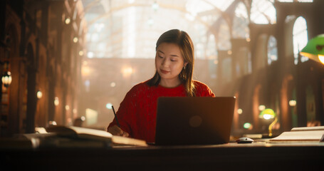 Diligent Asian Female Student Engaged in E-Learning with a Laptop and Books in a Classical Library....