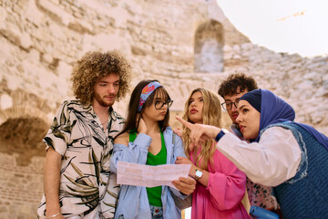 Happy traveling friends tourists sightseeing with map in hand