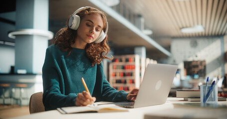 Concentrated Young Female Student Engaged in Academic Research With Laptop and Headphones at Modern...
