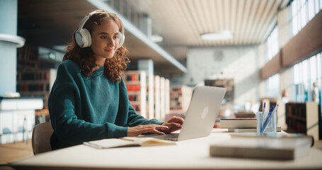 Dedicated Caucasian Female Student Engaged in Online Learning at a Modern Library. Young Woman...