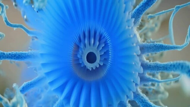 A gradual zoom-in captures the scientist examining intricate cellular structures through the microscope eyepiece.