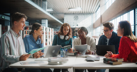 Diverse Group of Students Collaborating on a Project in a Modern Library. Young Adults Using...