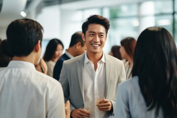 an Asian businessman in white suit shares insights and exchanges smiles with a conversation partner, fostering meaningful dialogue in the realm of business.