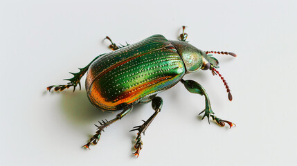 Fototapeta premium Close-up image of a vibrant, metallic green beetle on a plain white background.