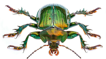 Colorful high-detail close-up of a green beetle on a white background, showcasing its vibrant exoskeleton and intricate appendages.