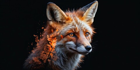 Obraz premium fox with orange and yellow autumn leaves on its fur against a black background.